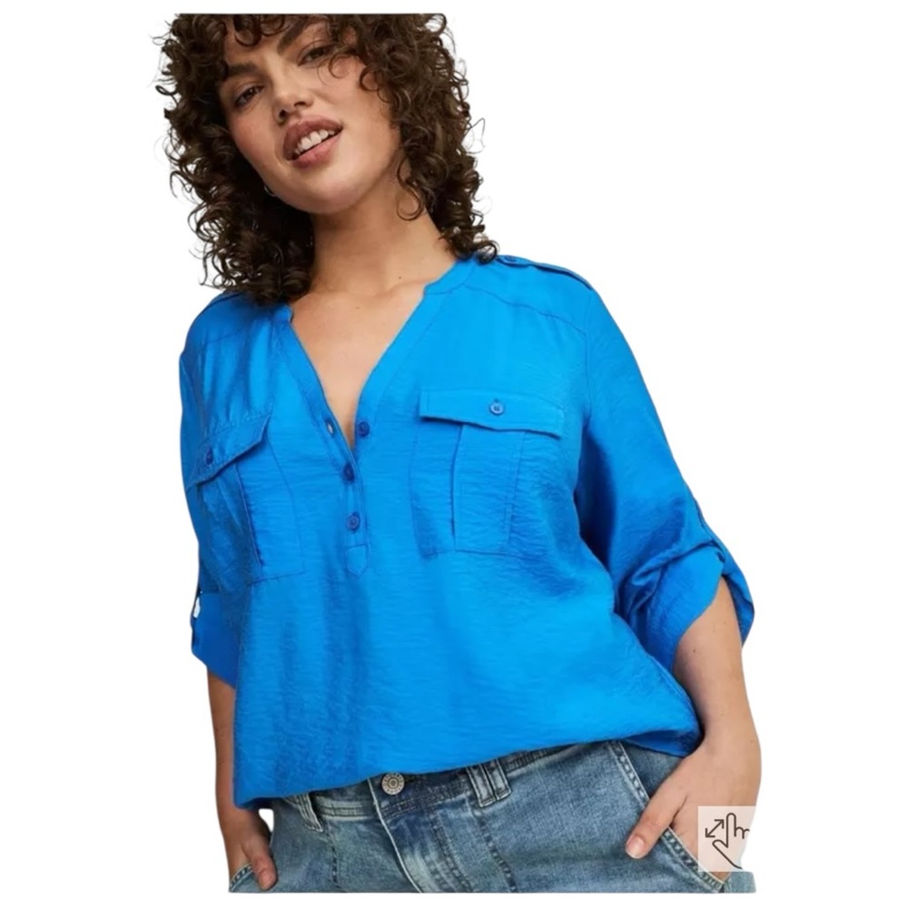 Torrid Harper 3/4 Sleeve Top Blouse 3X V-neck Roll Tab Blue - Picture 9 of 13